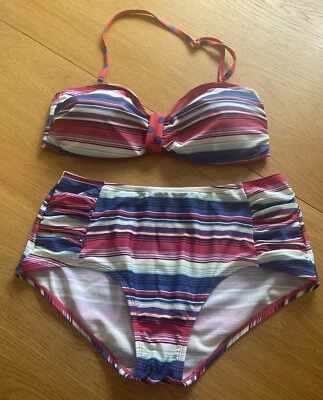 JOE BROWNS - BLUE RED STRIPE & SPOT BANDEAU BIKINI TOP 14 HIGH WAIST PANTS 12 - Image 1 of 4