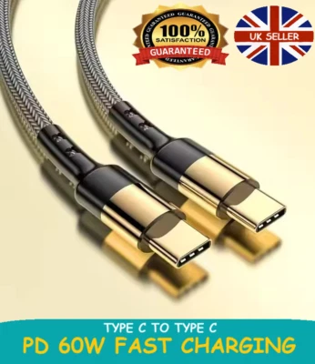 Type C to Type C Cable  Fast Charge PD 60W Braided USB 1.2M 2M Samsung Android - Image 1 of 4