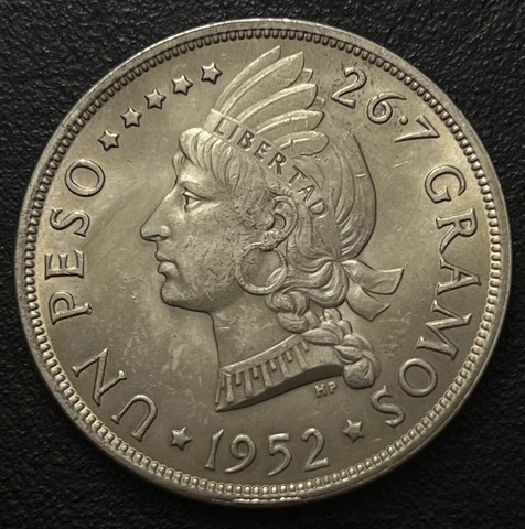1952 Dominican Republic Silver 1 Peso XF-aUNC Cover