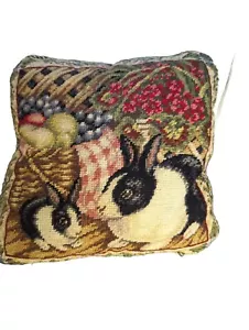 VTG Needlepoint Accent Pillow Bunny Rabbits Velvet Hare Floral Tapestry Woodland - Picture 1 of 6