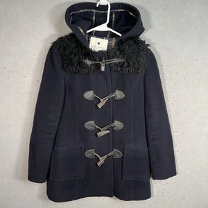 Opening Ceremony Toggle Coat Womens Size Small Blue Hooded Faux Fur Detail - Picture 1 of 10