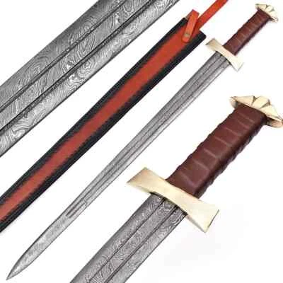 37" Damascus Viking Warrior Sword Leather Wrapped Handle, Sheath Battle Ready - Image 1 of 4