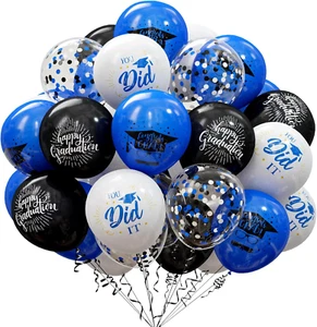 75 Pack Graduation Party Decorations Balloons Set - 12 Inch Black Blue Confetti - Picture 1 of 12