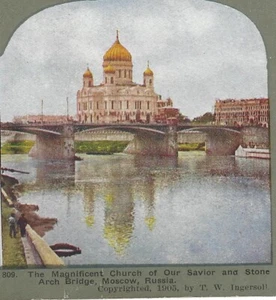 Iglesia de Nuestro Salvador y Puente Arco de Piedra, Moscú, Rusia, 1905 Tarjeta Stereoview - Imagen 1 de 3