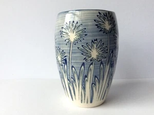 Rowena Gilbert Studio Art Pottery Dandelions Floral Vase Blue and White Signed - Picture 1 of 7