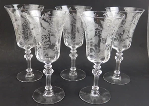 5er Set Vintage Tiffin Franziskaner Fuchsia Blume geätzt 7,5" Wasser Wein Kelch Gläser - Bild 1 von 7