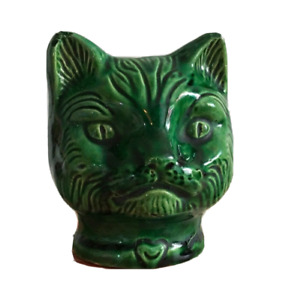 Antique Victorian 1850 Green Glazed Cat Head Money Box Bank Excellent Condition>