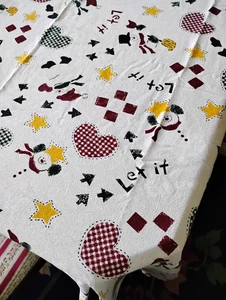TOVAGLIA VINTAGE ANNI 70 - DESIGN PUPAZZI DI NEVE - 60"X74" RETTANGOLARE - TESSUTO MISTO COTONE - Foto 1 di 6