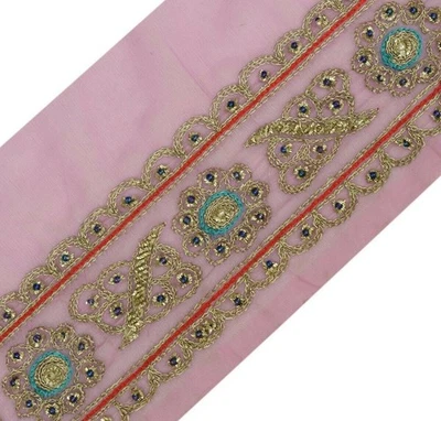 Borde artesanal de sari vintage borde bordado a mano cinta encaje magenta claro Foto 1 de 4