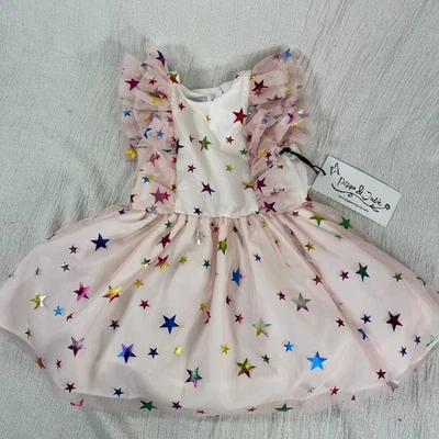 Pippa & Julie Dress Girls 12M Pink Tulle Foil Rainbow Stars 2 Pc Set Halloween - Image 1 of 4