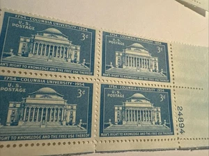 U.S. SCOTT 1029 MNH 3 CENT PLATE BLOCK OF 4 1953 - "COLUMBIA UNIVERSITY" - Picture 1 of 3