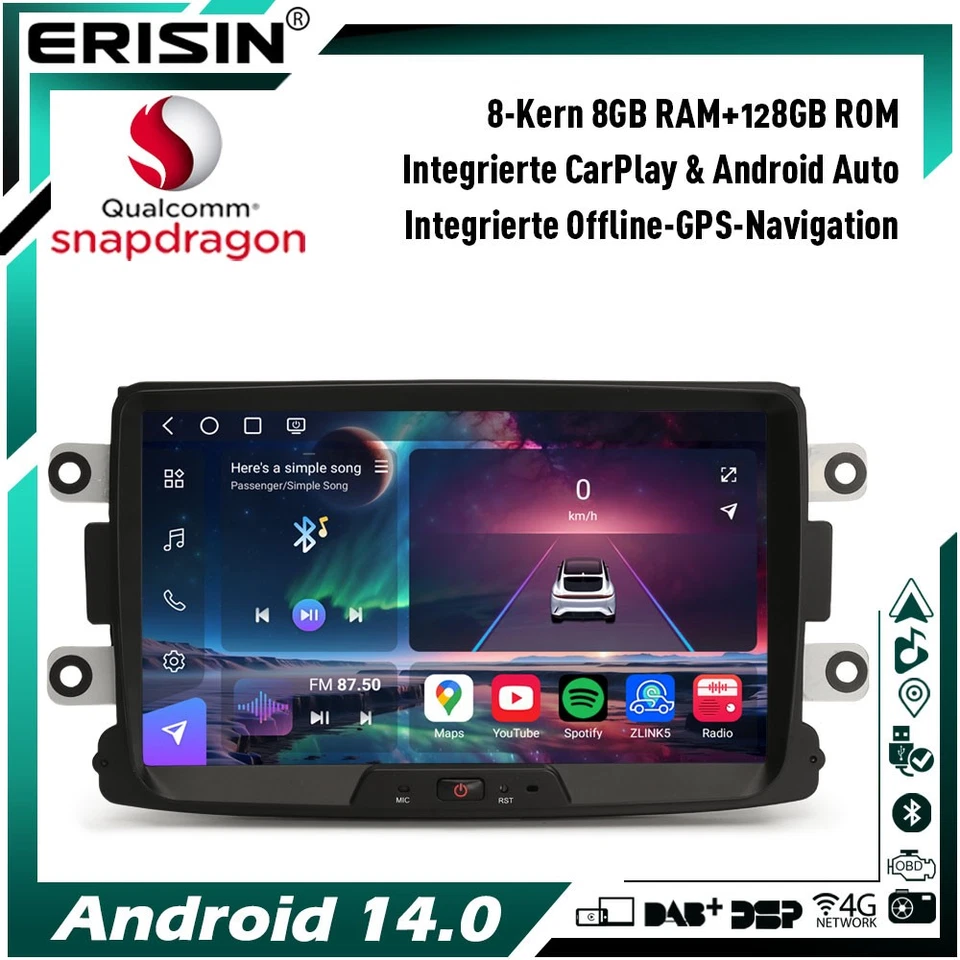 8+128GB 8-Kern Android 14 Autoradio Navi Renault Dacia Duster Logan Dokker Lodgy - Bild 1 von 4