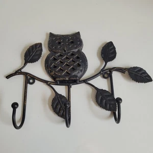 Cast Iron Owl Wall Hanging On A Branch 3 Hooks Keys Vintage Nice See Description - Picture 1 of 14