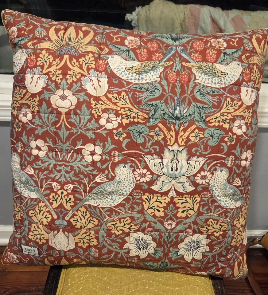 24x24"  William Morris Strawberry Thief Red Bird Floral Fabric 2 Pillows - Image 1 of 4