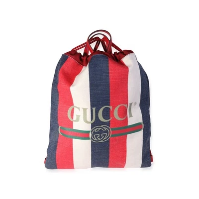 Gucci Red, White & Blue Striped Canvas Sylvie Drawstring Backpack Tote - Image 1 of 4