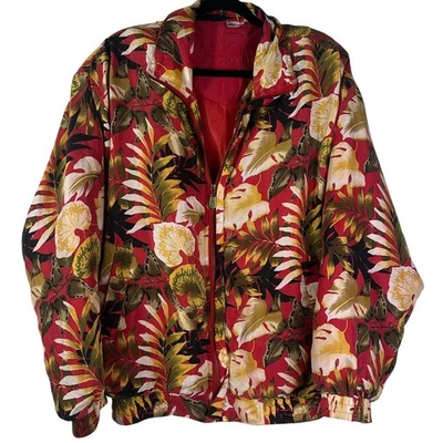 Chaqueta FUDA Internacional Estampado Floral 100% Seda Bombardero Cremallera Talla XL De Colección Hombreras Foto 1 de 4