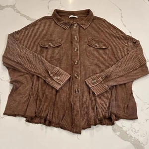Zenana Thermal Button Down Shirt Womens Size L / XL Brown Cotton Waffle Stretch - Picture 1 of 11