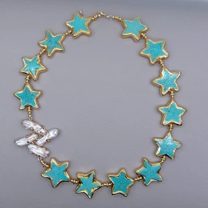 Star Blue Turquoise Cultured White Biwa Pearl Choker Necklace - Picture 1 of 6