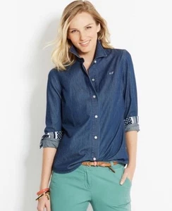 Vineyard Vines ๐ณ Blue Denim Button-Up Shirt Blouse Ladies 00 *EUC* - Picture 1 of 10