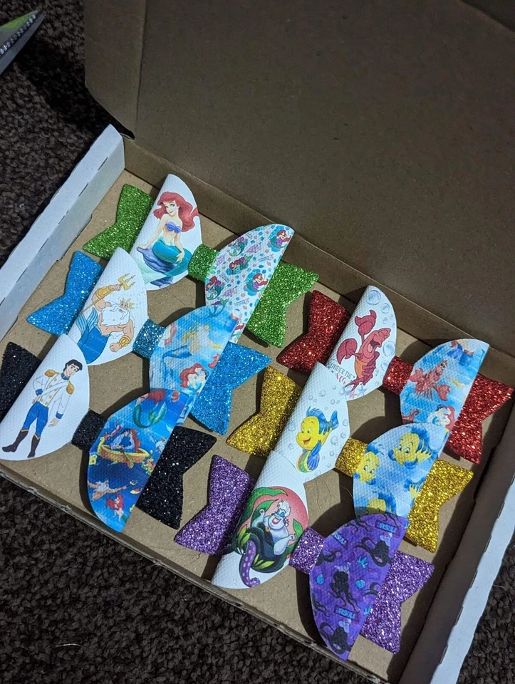 Handmade Ariel The Little Mermaid Glitter Hair Bow Clip Box Set Birthday...