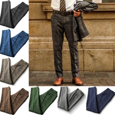 Mens Tweed Plaid Dress Pants Herringbone Classic Fit Adjustable Waist Trousers - Image 1 of 4