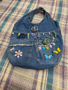 UPCYCLE DENIM jeans Bag handmade BEADED Boho - Picture 1 of 3