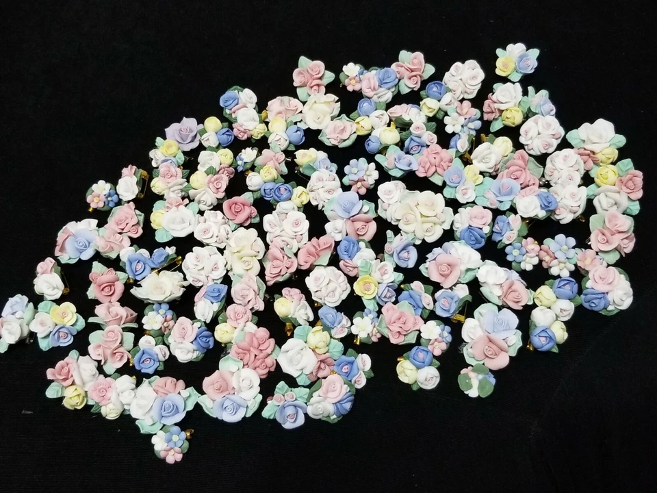 HANDMADE VINTAGE LOT OF 10 MINIATURE CLAY ROSES FLOWERS FOR CRAFTING .5" TO 1.5" - Image 1 of 4