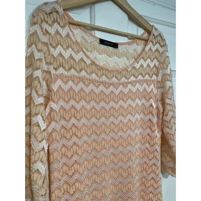 Pastel Coral Lace Shift Sheath Dress Chevron 3/4Sleeve Pink M Girly Carrie Allen - Image 1 of 4