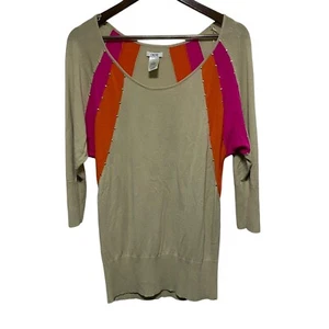 Cache Sweater Women M Tan Colorblock Embellished 3/4 Sleeve LIghtweight Knit Top - Picture 1 of 9