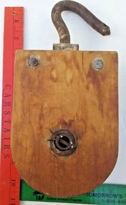 Antique 11" WOOD BLOCK & TACKLE Barn PULLEY Rustic Primitive Steampunk - Imagen 1 de 11