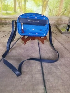 Tommy Hilfiger Womens Blue Logo Print Crossbody Zip Small Bag New - Picture 1 of 11