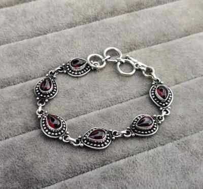 Garnet Gemstone Bracelet Solid 925 Sterling Silver Handmade Pretty Bracelet MK* - Image 1 of 4