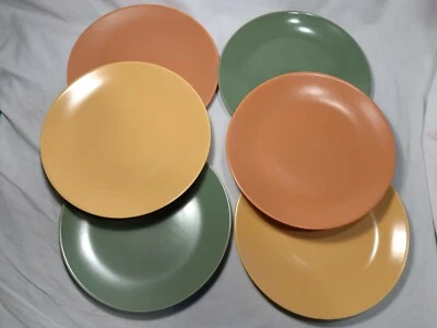 Mid-Century Modern Dinner Plates Green Yellow Orange 9" Set Of 6 Rare - Image 1 of 4