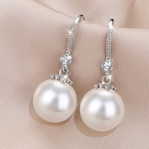 3.00Ct Round Cut White Pearl Women's Dangle Drop Earrings 14K White Gold Finish - Picture 1 of 4
