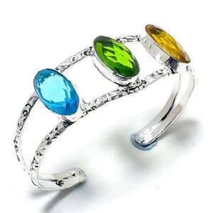 Peridot, Blue Topaz Gemstone 925 Sterling Silver Cuff Bracelet Adjustable - Picture 1 of 5
