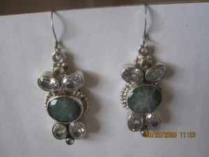 Vintage Emerald Topaz Peridot Sterling Silver Earrings 925 Hook - Picture 1 of 9