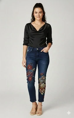 Pantalones de mezclilla ajustados Diane Gilman bordados mariposas de pavo real lavado oscuro para mujer talla 8 Foto 1 de 4