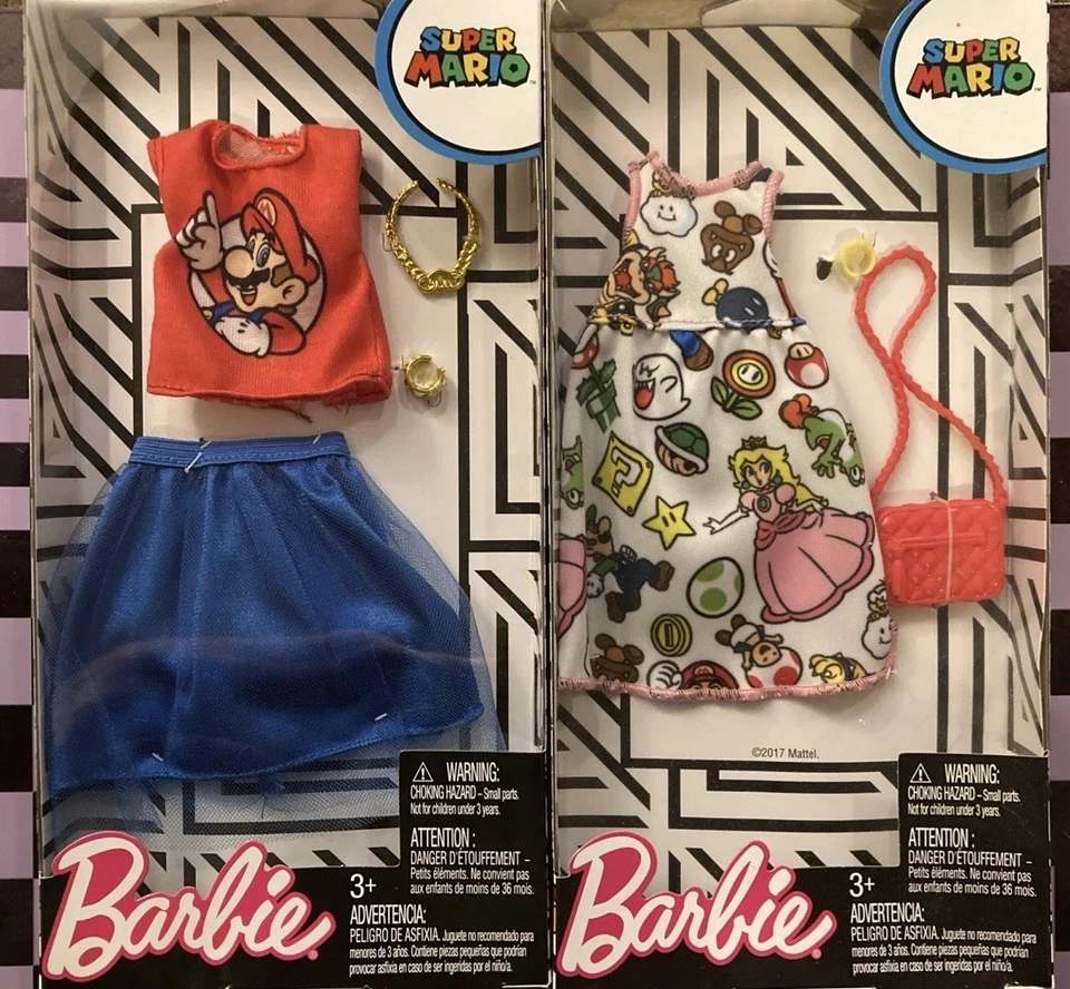 Barbie Doll Super Mario Red Blue Top Skirt Jewelry 4pc Set Nintendo Mattel