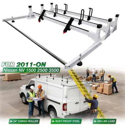 Baca de techo escalera furgoneta con rodillo de 24" apta para Nissan NV1500/2500/3500 2011-ON, 3 barras Foto 1 de 4