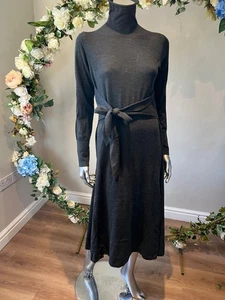 TED BAKER Midi Dress Womens TB2 UK 10 Salanna Grey Knit Tie Belt Funnel Neck NEW - Picture 1 of 11