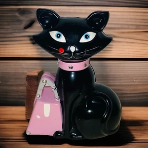 Vintage Black Cat Piggy Bank Figurine With Pink Jeweled Collar & Purse 9 Inch - Picture 1 of 6