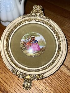 Vintage Fragonard Porcelain Cameo Thick Ornate Cream & Gold Frame, Bowed Glass