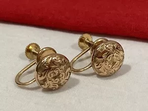 Orecchini Vintage Antichi Oro Giallo Massiccio 375 9k e 14k Ornati Rotondi Vite Posteriore - Foto 1 di 20