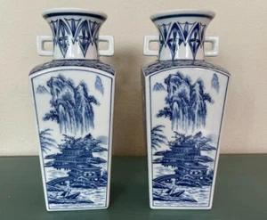 Vintage japanische Vasen (2) Kozan Gama blau und weiß mit Markierungen - Bild 1 von 7