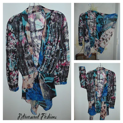 ALBERTO MAKALI Crochet Multicolor Knit Cascading Wrap Cardigan Jacket Bolero L - Image 1 of 4
