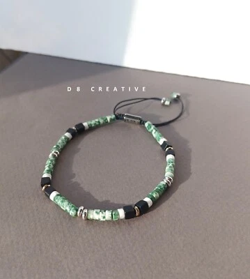 Nuevo Hombre Mancha Verde Jaspe Piedra Con Ónix Tejido a Mano Acero Inoxidable Pulsera Foto 1 de 3
