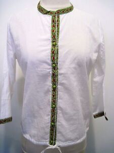 Anokhi  White 100% Cotton Light  Jacket 3/4 Sleeves Colorful Trim Size S,NWT