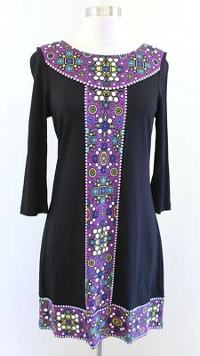 TIBI Black Purple Geometric Jewel Gem Print Shift Dress Knit Size M - Image 1 of 4