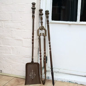 Victorian Brass and Steel Fireplace Fire Tools Trio - Picture 1 of 17