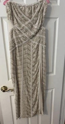 Maxi vestido para mujer ASOS tostado claro satinado forrado con cuentas entrecruzado sin mangas EE. UU. 12 Foto 1 de 4